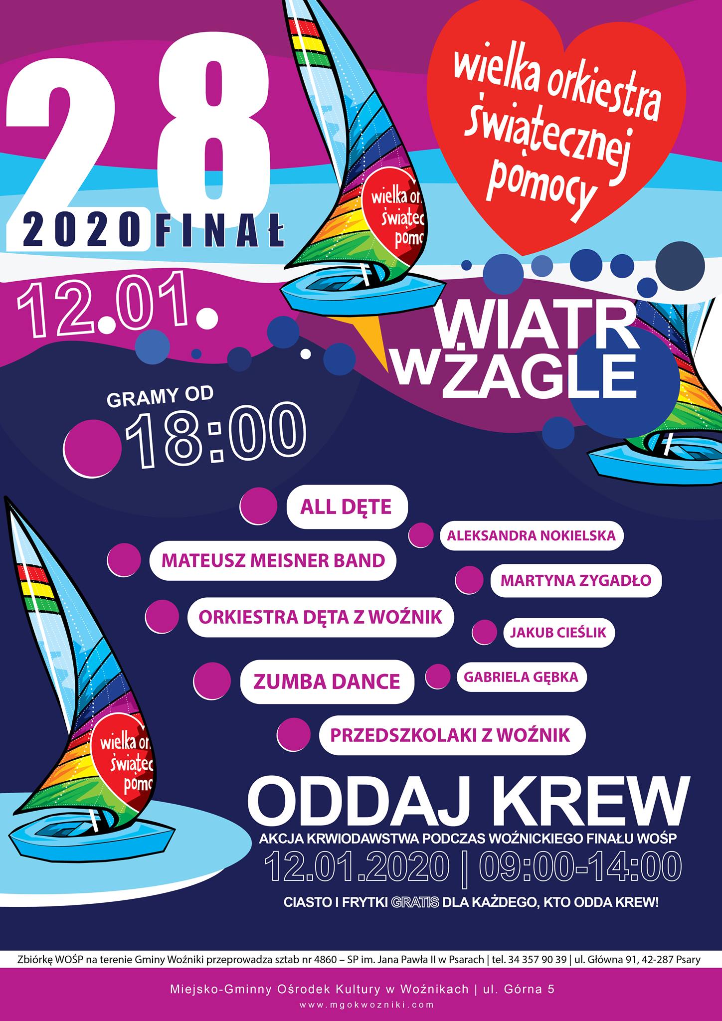 Plakat fiału Wielkiej Orkiestry Świątecznej Pomocy 12 stycznia godz. 18:00 przy MGOK Woźniki