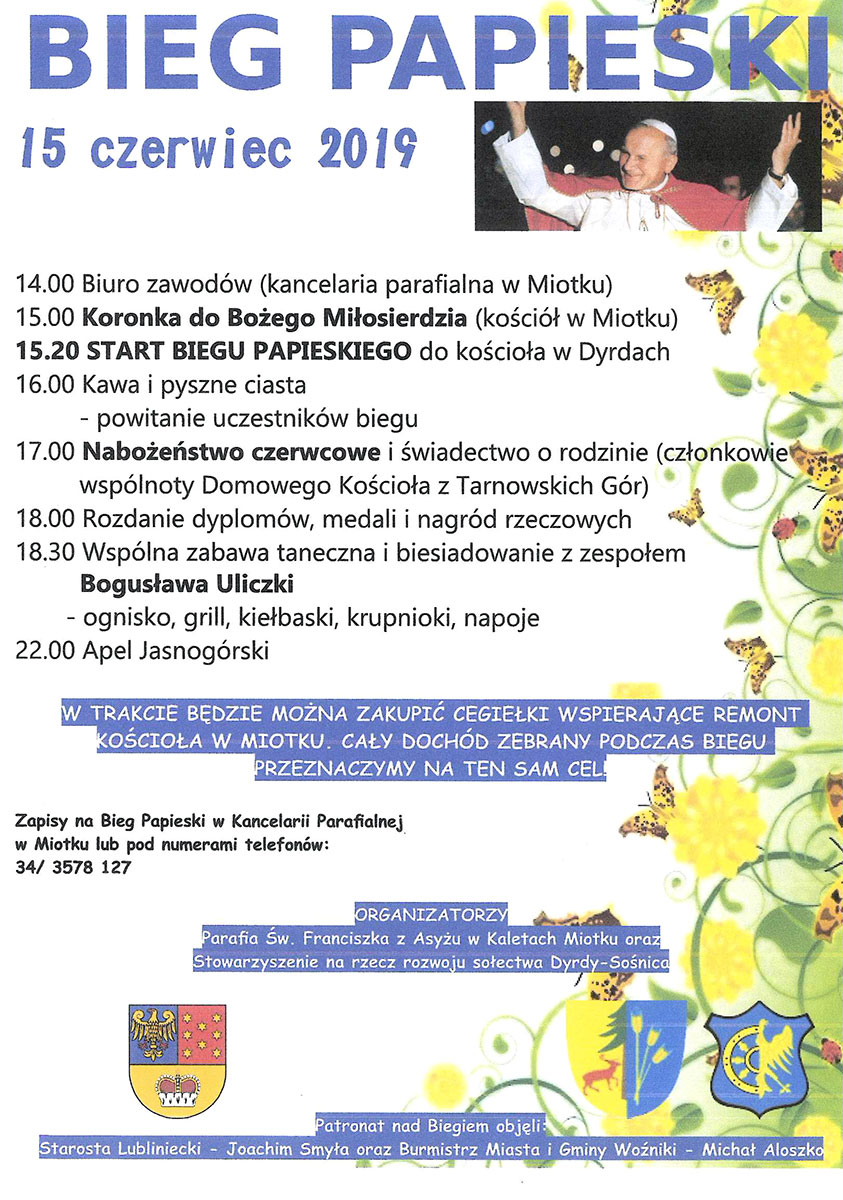 Plakat Bieg Papieski 15 czerwca godz 15 Miotek